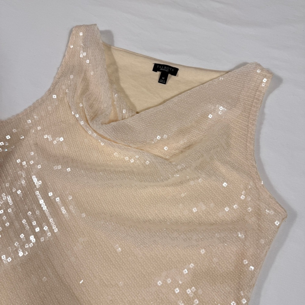 Talbots Womens Champagne Sequin Cowl Neck Sleeveless Blouse Top Beige Medium